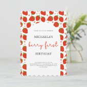 Berry Eerste Verjaardag Rode Aardbeien Scallop Kaart (Staand voorkant)
