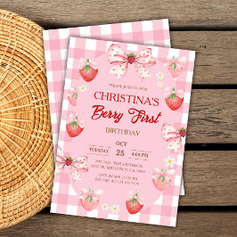 Berry eerste verjaardag roze aardbei gingham meisj kaart