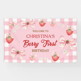 Berry eerste verjaardag roze geruit aardbei meisje spandoek