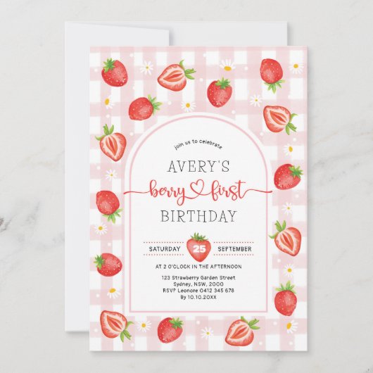 Berry Eerste Verjaardag | roze ginghaardbei Kaart (Voorkant)