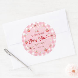 Berry eerste verjaardag roze gingham aardbei meisj ronde sticker