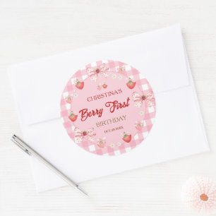 Berry eerste verjaardag roze gingham aardbei meisj ronde sticker
