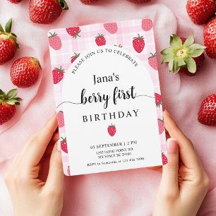 Berry eerste verjaardag Roze Plaid & Aardbei Kaart