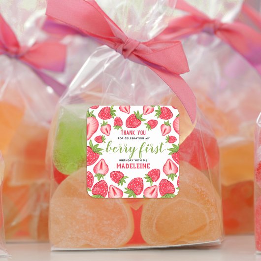 Berry Eerste Verjaardag Schattigee Aardbei Dank u Vierkante Sticker