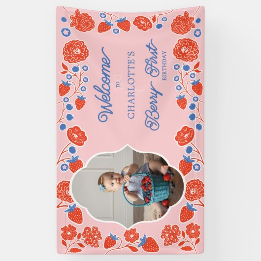 Berry eerste verjaardag Schattigee aardbei welkoms Spandoek (Verticaal)