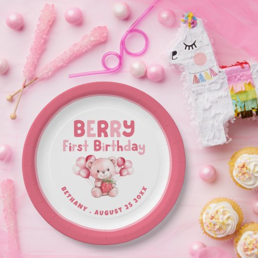 Berry Eerste Verjaardag Teddybeer Aardbei Roze Bo Papieren Bordje (Feest)