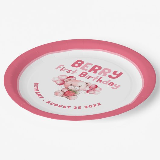 Berry Eerste Verjaardag Teddybeer Aardbei Roze Bo Papieren Bordje (Gekanteld)