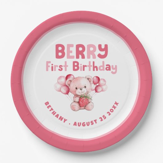 Berry Eerste Verjaardag Teddybeer Aardbei Roze Bo Papieren Bordje (Voorkant)