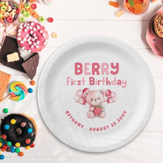 Berry Eerste Verjaardag Teddybeer Aardbei Roze Papieren Bordje