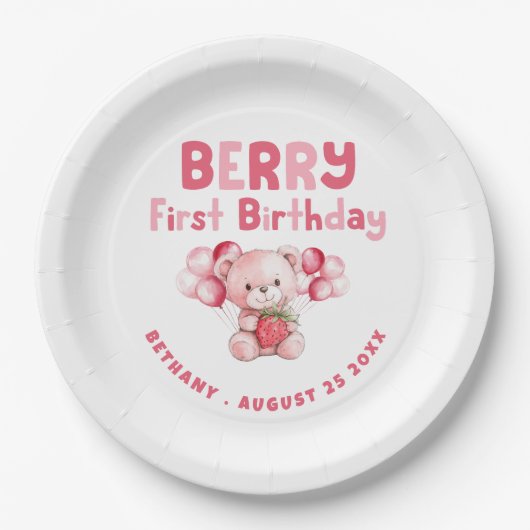 Berry Eerste Verjaardag Teddybeer Aardbei Roze Papieren Bordje (Voorkant)