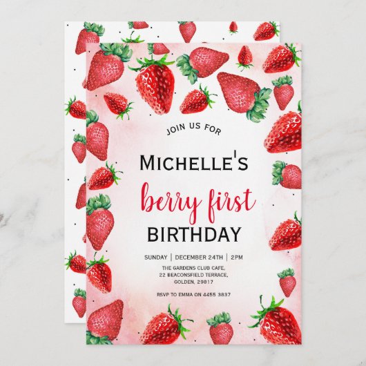 Berry Eerste Verjaardag Uitnodigen, Aardbei Verjaa Kaart (Voorkant / Achterkant)