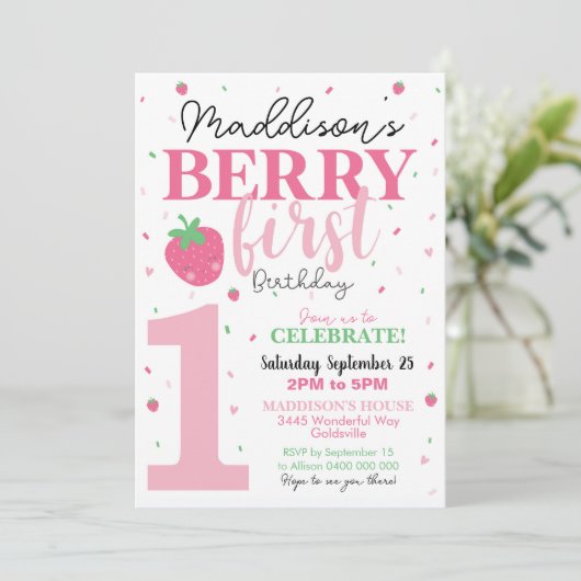 Berry Eerste Verjaardag Uitnodiging 1e Verjaardag  (Staand voorkant)