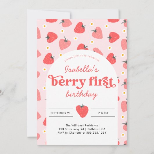 Berry Eerste Verjaardag Uitnodiging Aardbei (Voorkant)