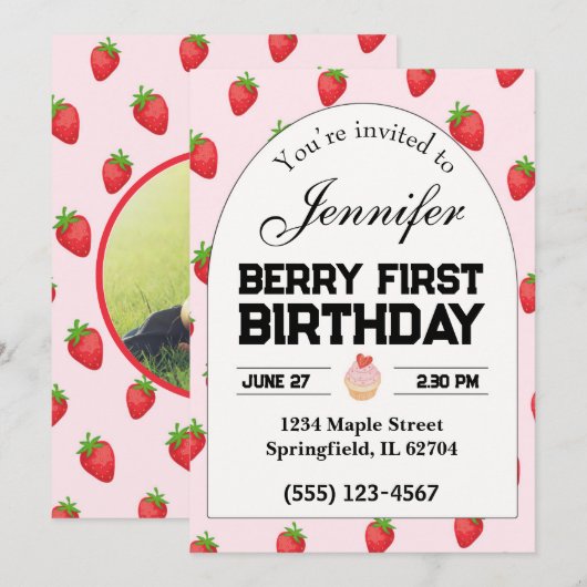 Berry Eerste Verjaardag Uitnodiging Aardbei Uitnod (Voorkant / Achterkant)
