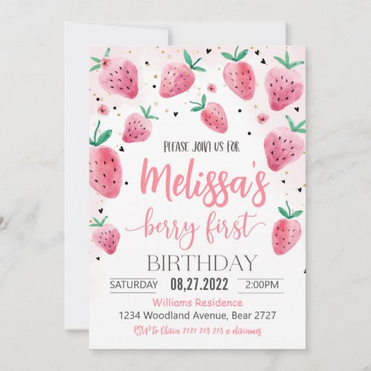 Berry Eerste Verjaardag Uitnodiging Aardbei Verjaa (Voorkant)
