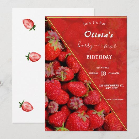 Berry eerste verjaardag uitnodiging | Aardbeithema (Voorkant / Achterkant)