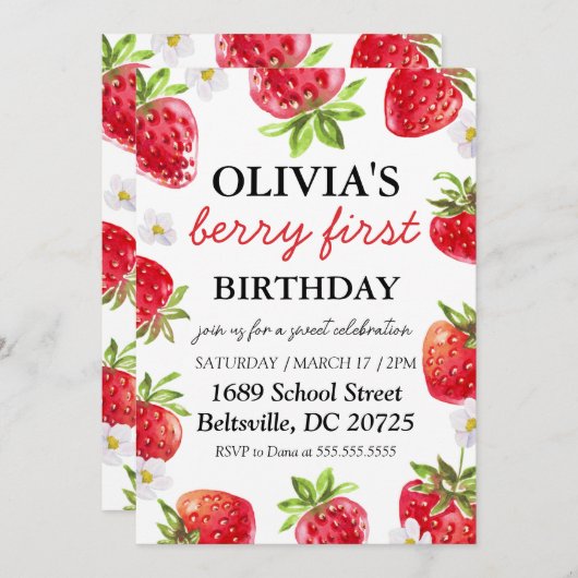 Berry eerste verjaardag uitnodiging moderne aardbe (Voorkant / Achterkant)