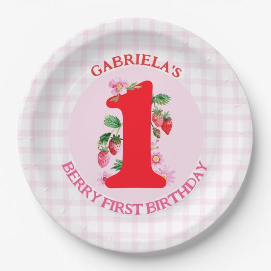 Berry Eerste Verjaardag Waterverf Aardbeien Papieren Bordje (Voorkant)
