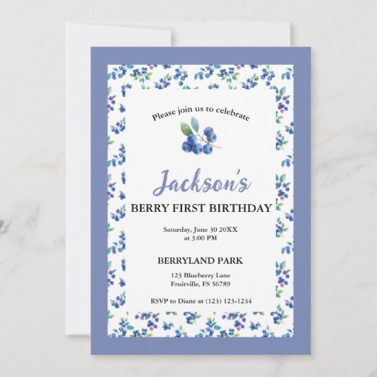 Berry Eerste Verjaardag Waterverf Blueberry Invite Kaart (Voorkant)