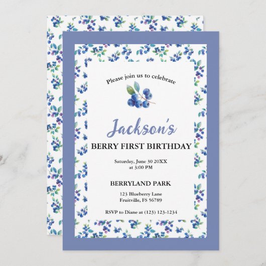 Berry Eerste Verjaardag Waterverf Blueberry Invite Kaart (Voorkant / Achterkant)