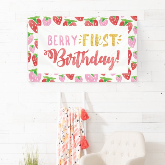 Berry Eerste Verjaardagsbanner Rode Roze Aardbei Spandoek (Insitu)