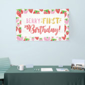 Berry Eerste Verjaardagsbanner Rode Roze Aardbei Spandoek (Beurs)