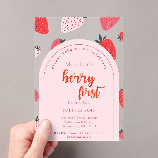 Berry eerste verjaardagsfeest 1e aardbeienboog acryl uitnodigingen (Insitu (Draagbaar))