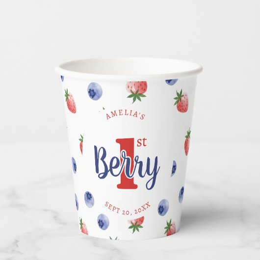 Berry eerste verjaardagsfeestje aardbeien & bosbes papieren bekers (Voorkant)