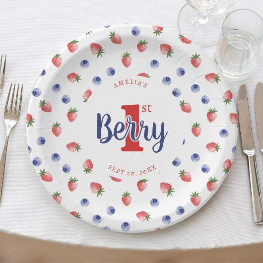 Berry eerste verjaardagsfeestje aardbeien & bosbes papieren bordje