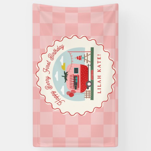 Berry Eerste Verjaardagsfeestje Aardbeiencamper Spandoek (Verticaal)