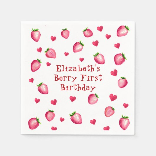 Berry eerste verjaardagsfeestje Strawberry Hearts Servet (Voorkant)