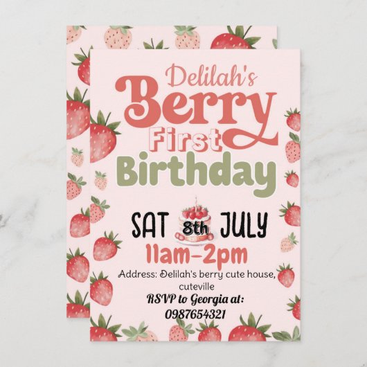 Berry eerste verjaardagsfeestje uitnodiging (Voorkant / Achterkant)