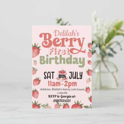 Berry eerste verjaardagsfeestje uitnodiging (Staand voorkant)