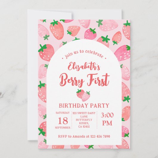 Berry eerste verjaardagsfeestje voor aardbeienroze kaart (Voorkant)