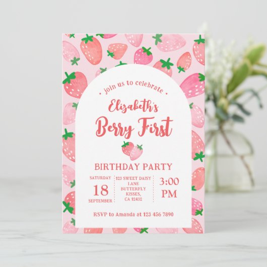 Berry eerste verjaardagsfeestje voor aardbeienroze kaart (Staand voorkant)