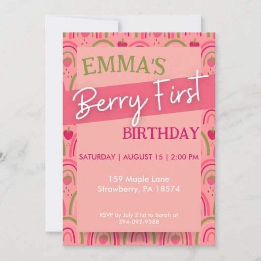 Berry Eerste Verjaardagsfeestuitnodiging, Aardbei Kaart (Voorkant)