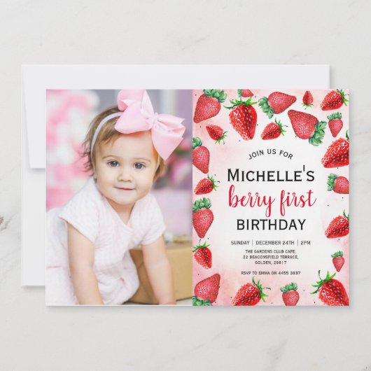 Berry Eerste Verjaardagsuitnodiging, Aardbeien Ver Kaart (Voorkant)