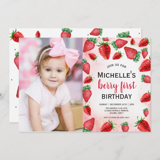 Berry Eerste Verjaardagsuitnodiging, Aardbeien Ver Kaart (Voorkant / Achterkant)