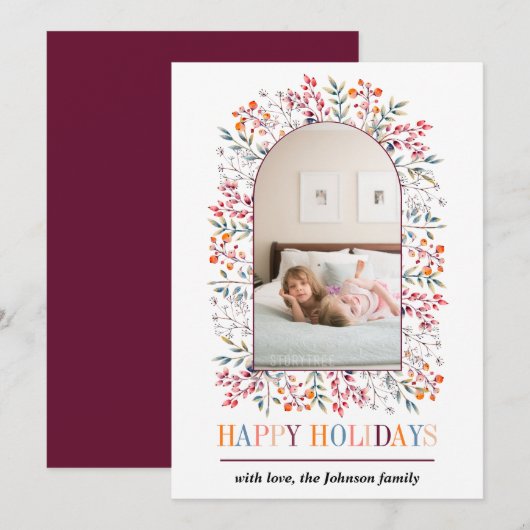 Berry en bladarch met kleurrijke kerstfoto feestdagenkaart (Voorkant / Achterkant)