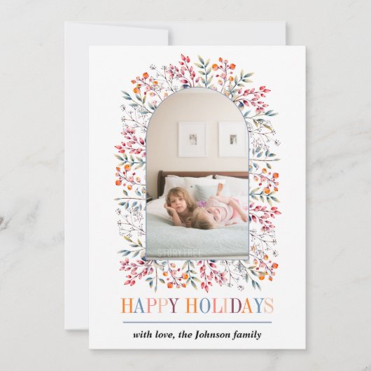 Berry en bladarch met kleurrijke kerstfoto feestdagenkaart (Voorkant)