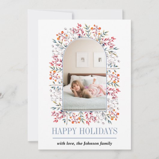 Berry en bladarch. stoffige blauwe kerstfoto feestdagenkaart (Voorkant)