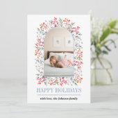 Berry en bladarch. stoffige blauwe kerstfoto feestdagenkaart (Staand voorkant)