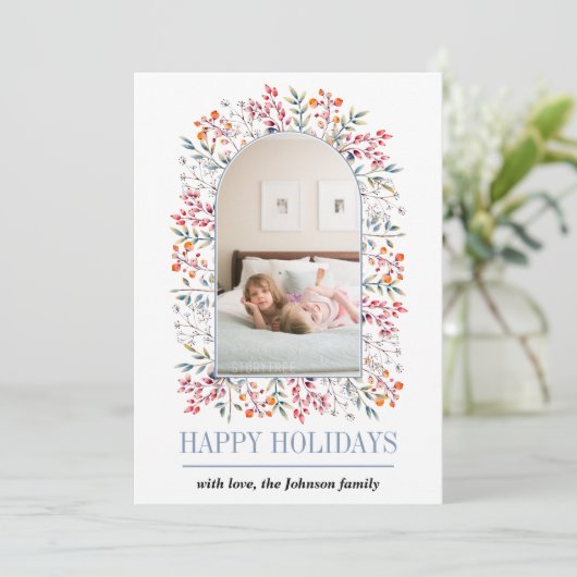 Berry en bladarch. stoffige blauwe kerstfoto feestdagenkaart (Staand voorkant)