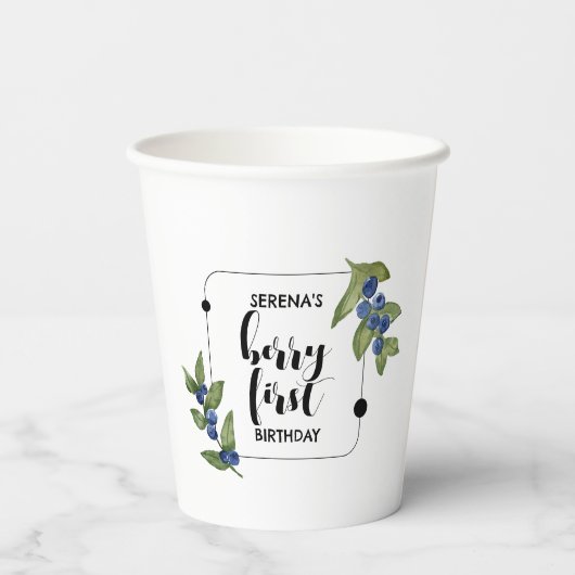 Berry First | 1e verjaardag | bosbes | Minimaal Papieren Bekers (Achterkant)