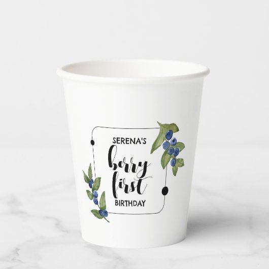 Berry First | 1e verjaardag | bosbes | Minimaal Papieren Bekers (Voorkant)