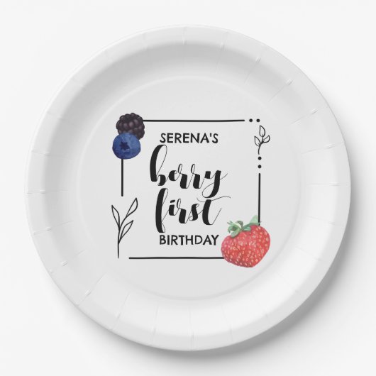 Berry First | 1e verjaardag | Gemengde bessen | Mi Papieren Bordje (Voorkant)