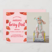 Berry First | Aardbei 1e verjaardag roze Foto Kaart (Voorkant / Achterkant)