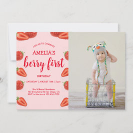 Berry First | Aardbei 1e verjaardag roze Foto Kaart