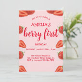 Berry First | Aardbei 1e verjaardag roze Kaart (Staand voorkant)
