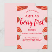 Berry First | Aardbei 1e verjaardag roze Kaart (Voorkant / Achterkant)